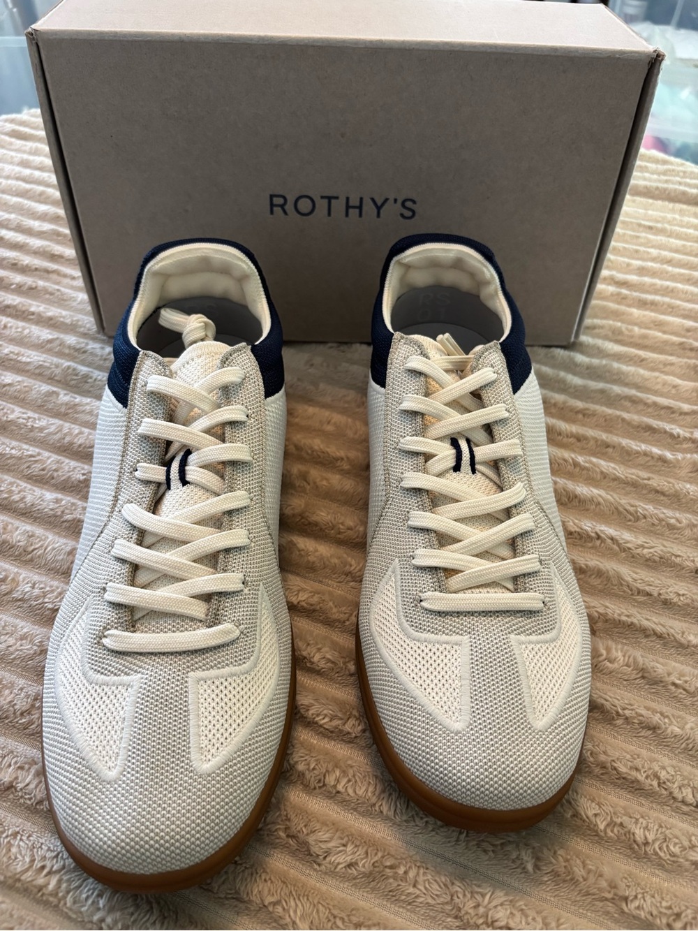 Rothy's Men's Cream Knit Sneakers with Navy Heel and Gum Sole